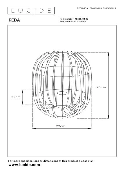 Lucide REDA - Tafellamp - Ø 22 cm - 1xE27 - Zwart - technisch